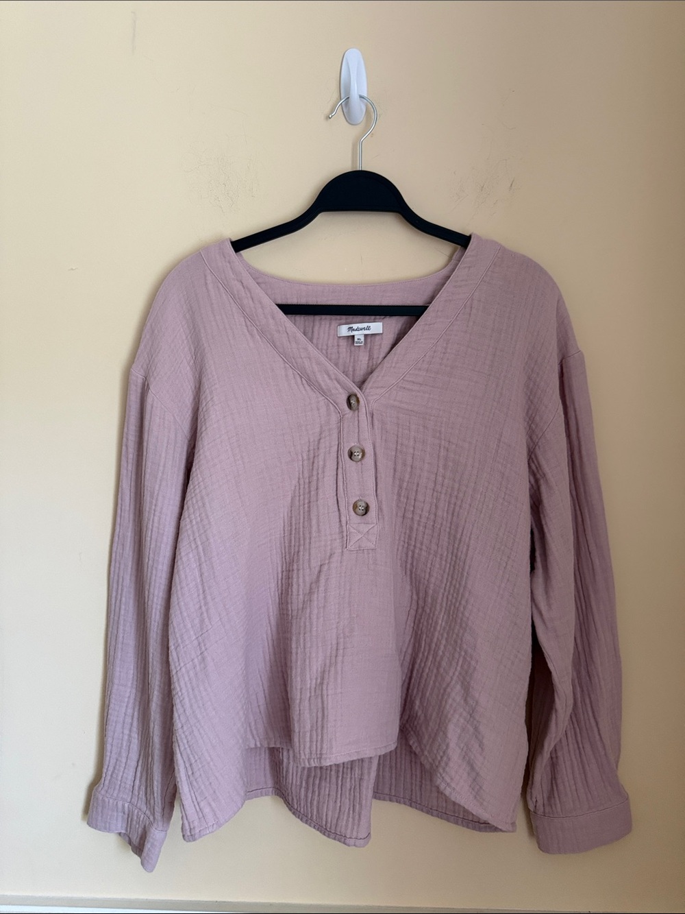 Madewell Womens XL Pink Double Gauze Henley Top Long Sleeve Cotton‎ Mauve V-Neck